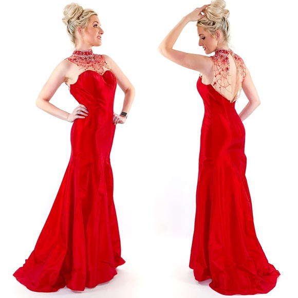 Red Open Back Illusion Prom Dress Pageant Gown - Picture 6 of 8